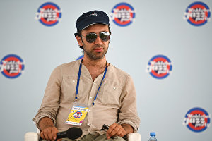 The Authentic Light Orchestra band member Valery Tolstov at a news conference with Koktebel Jazz Party International Music Festival participants.