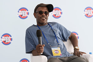 Musician Mervin Campbell at the news conference given by the Joe Lastie’s New Orleans Sound band at the Koktebel Jazz Party 2017 international music festival.