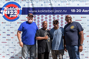 From left: Musicians Edward Rubio, Joseph Lastie, Merwin Campbell and Mitchell Player at the news conference given by the Joe Lastie’s New Orleans Sound band at the Koktebel Jazz Party 2017 international music festival.