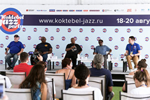 From left: Musicians Edward Rubio, Joseph Lastie, Merwin Campbell and Mitchell Player at the news conference given by the Joe Lastie’s New Orleans Sound band at the Koktebel Jazz Party 2017 international music festival.