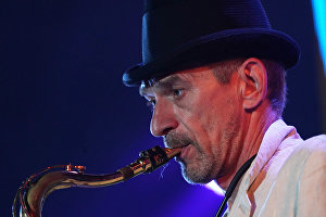A member of the band Chet Men performs at the 16th Koktebel Jazz Party international music festival