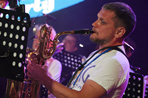 A musician performs during the All Stars KJP Jam with the participation of the big band lead by Sergei Golovin, at the 16th Koktebel Jazz Party international music festival